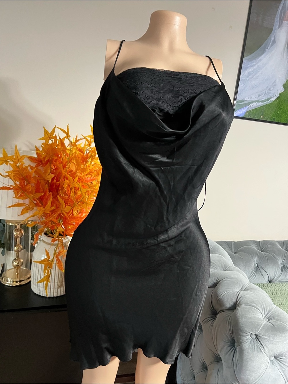 Dress Forum Black Satin Slip Dress with Spaghetti Straps